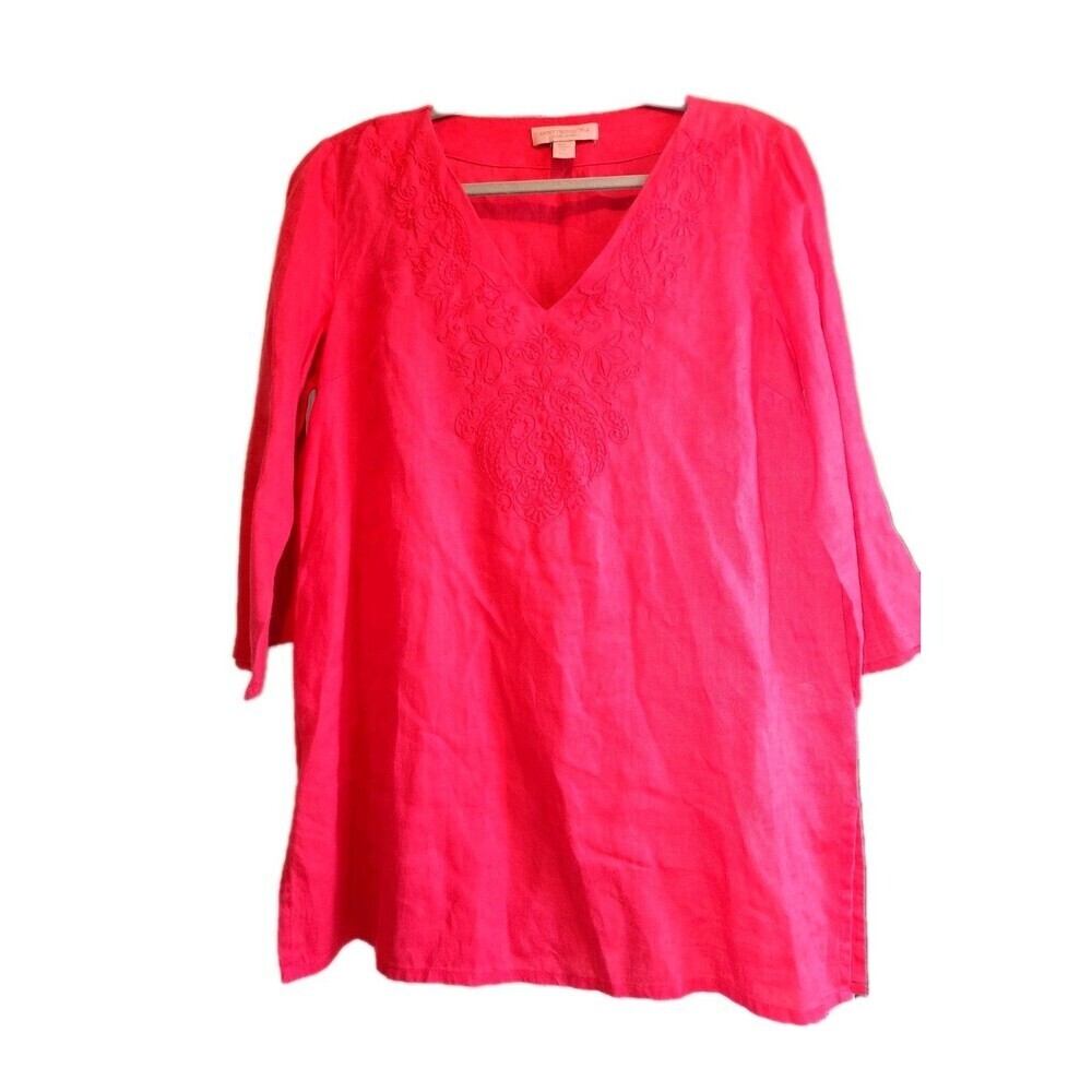 Saint Tropez West 100% Linen Embroidered V-Neck Tunic Blouse - Sze M Pinkish Red